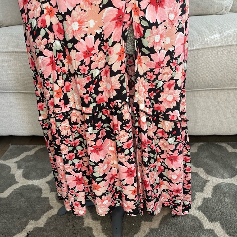 XS pink red black green floral print midi high low dress - Picture 4 of 11